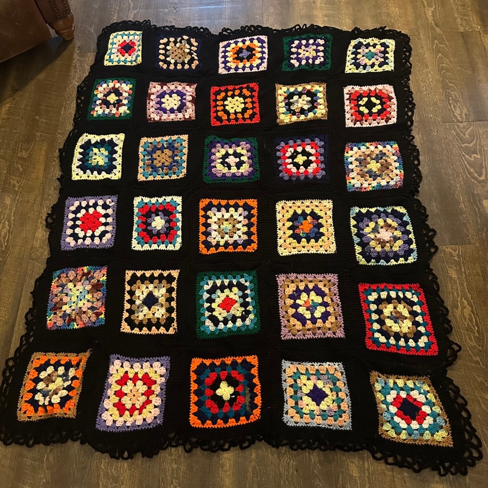 Vintage Handmade Crochet Granny Square Blanket Black Multi Color Boho Throw